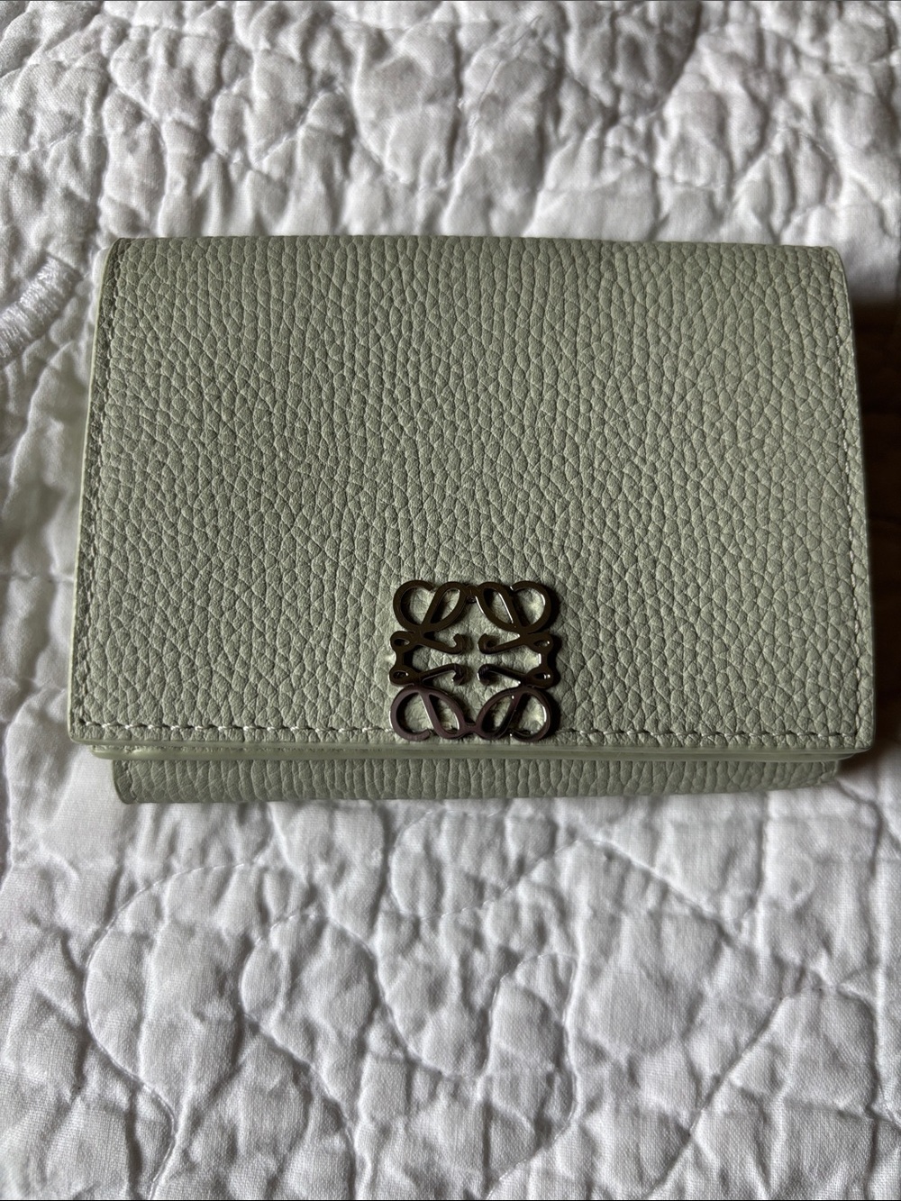 Loewe Pebbled Leather Trifold Card Wallet in Sage NWOT